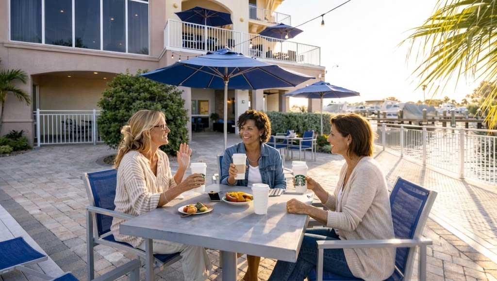 Three women sharing a relaxed healthy breakfast and supportive conversation during a women-only residential weight loss retreat on the Madeira Beach waterfront