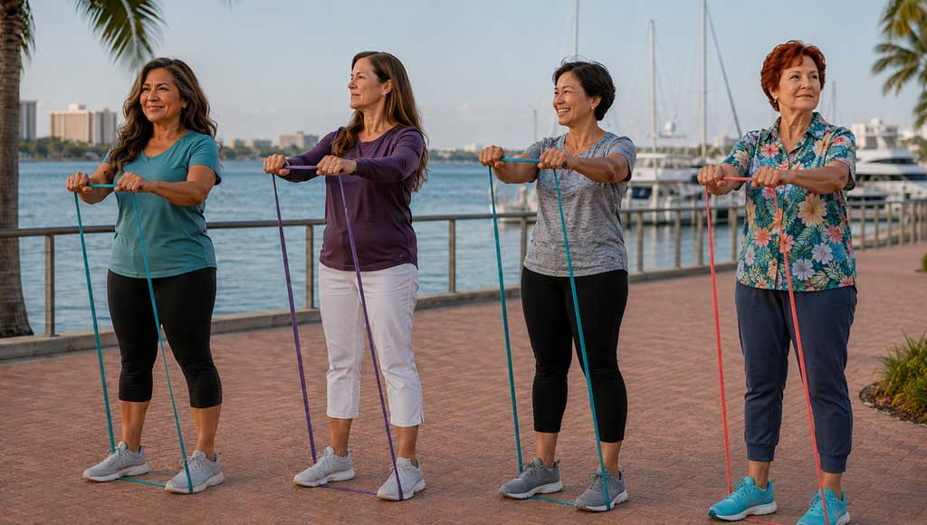 Four women performing low-impact resistance band exercises during a guided outdoor fitness session at a coastal women's fat camp and lifestyle retreat