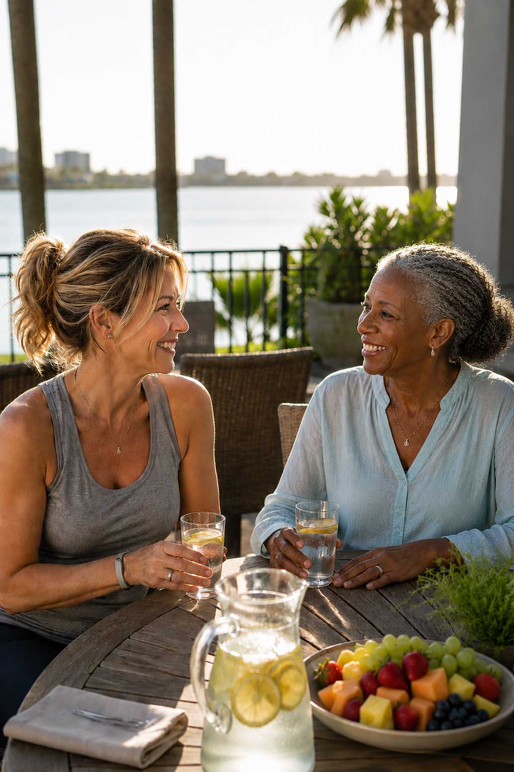 Woman over 50 enjoying a healthy lunch on a coastal patio during a wellness retreat