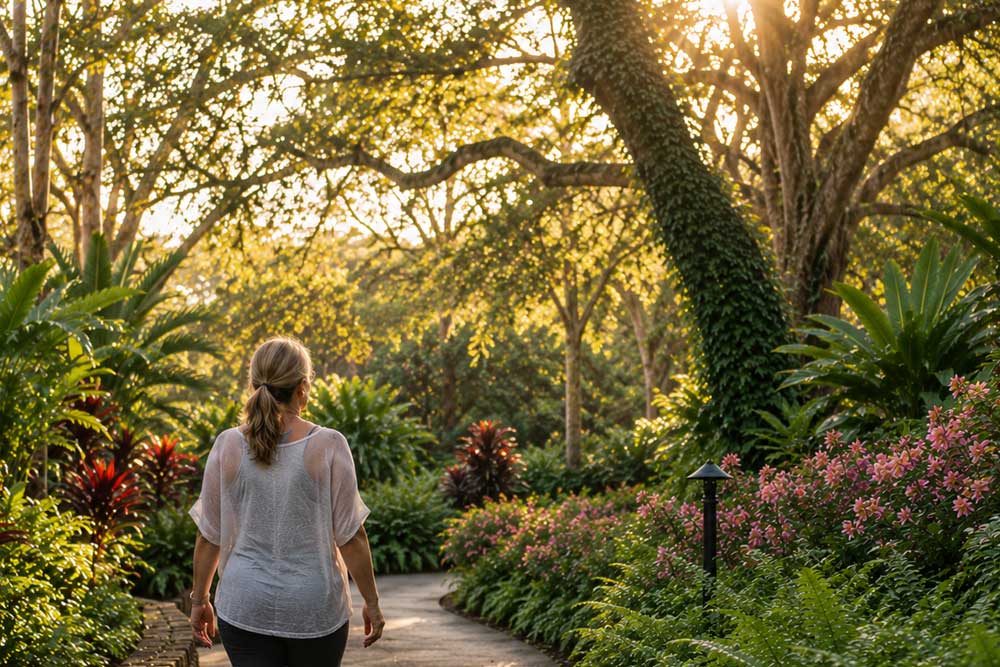 Woman walking through a peaceful tropical garden during a restorative women-only wellness retreat for educators in Florida
