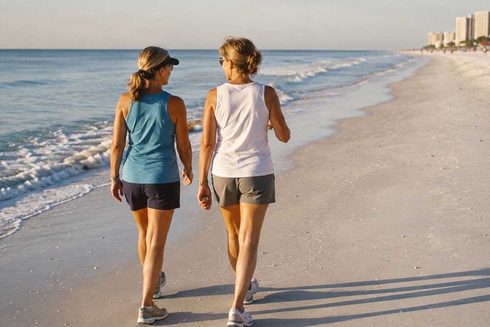 Two women walking along Madeira Beach during a supportive wellness retreat for military veterans and first responders