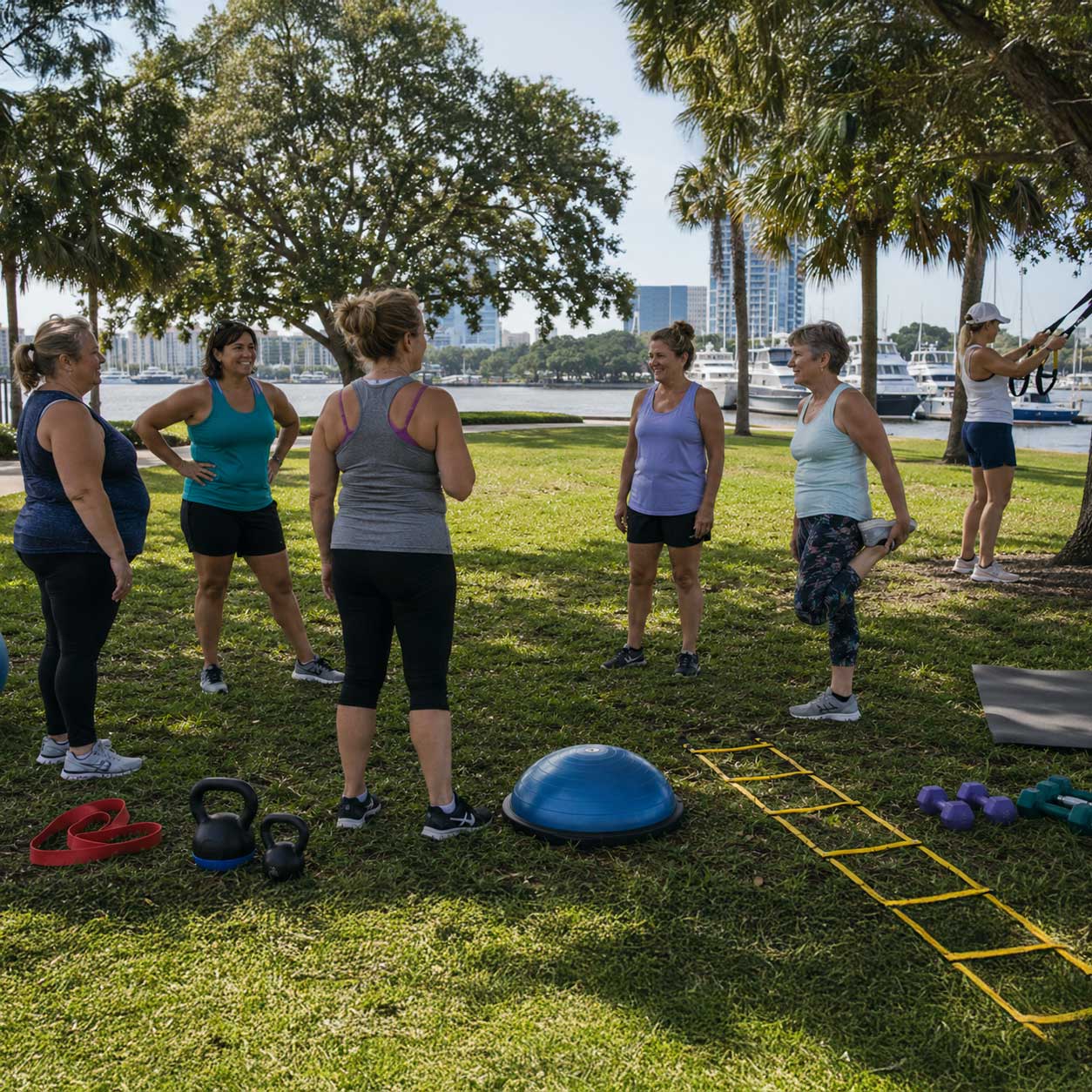 Women participating in a small-group outdoor fitness circuit during a women-only fat farm retreat in Madeira Beach Florida