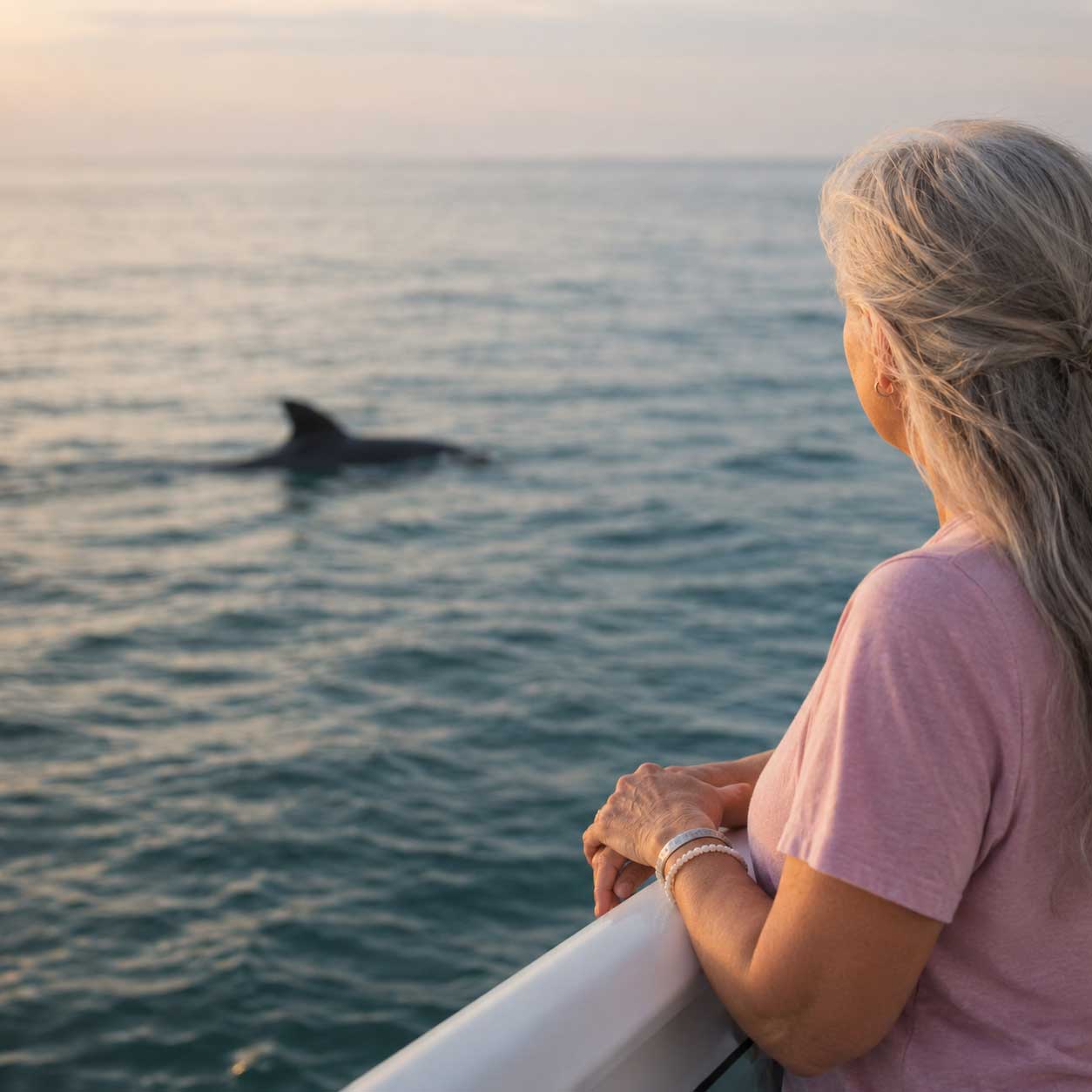 Woman watching dolphins during a relaxing coastal boat excursion included in a Florida fat camp retreat experience