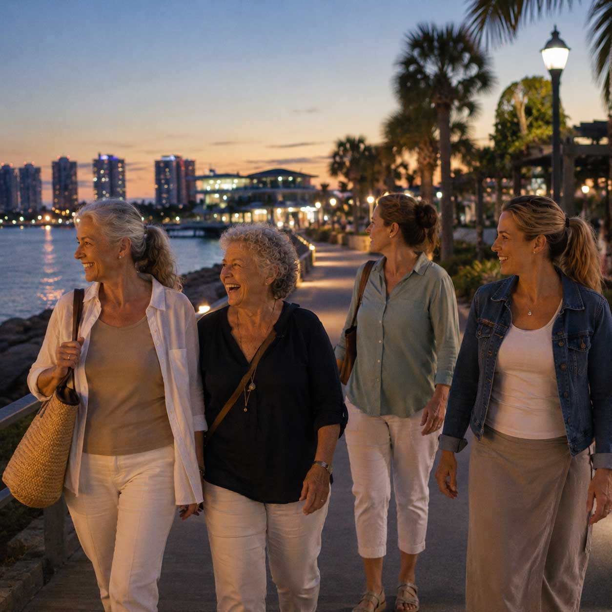 Women walking together along the waterfront after an evening activity during a supportive adult fat camp retreat experience