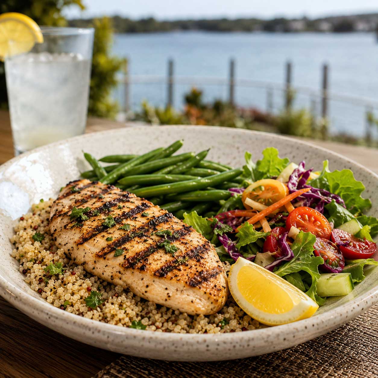 Balanced chef-prepared meal served as part of the Weight Crafters women's wellness retreat.