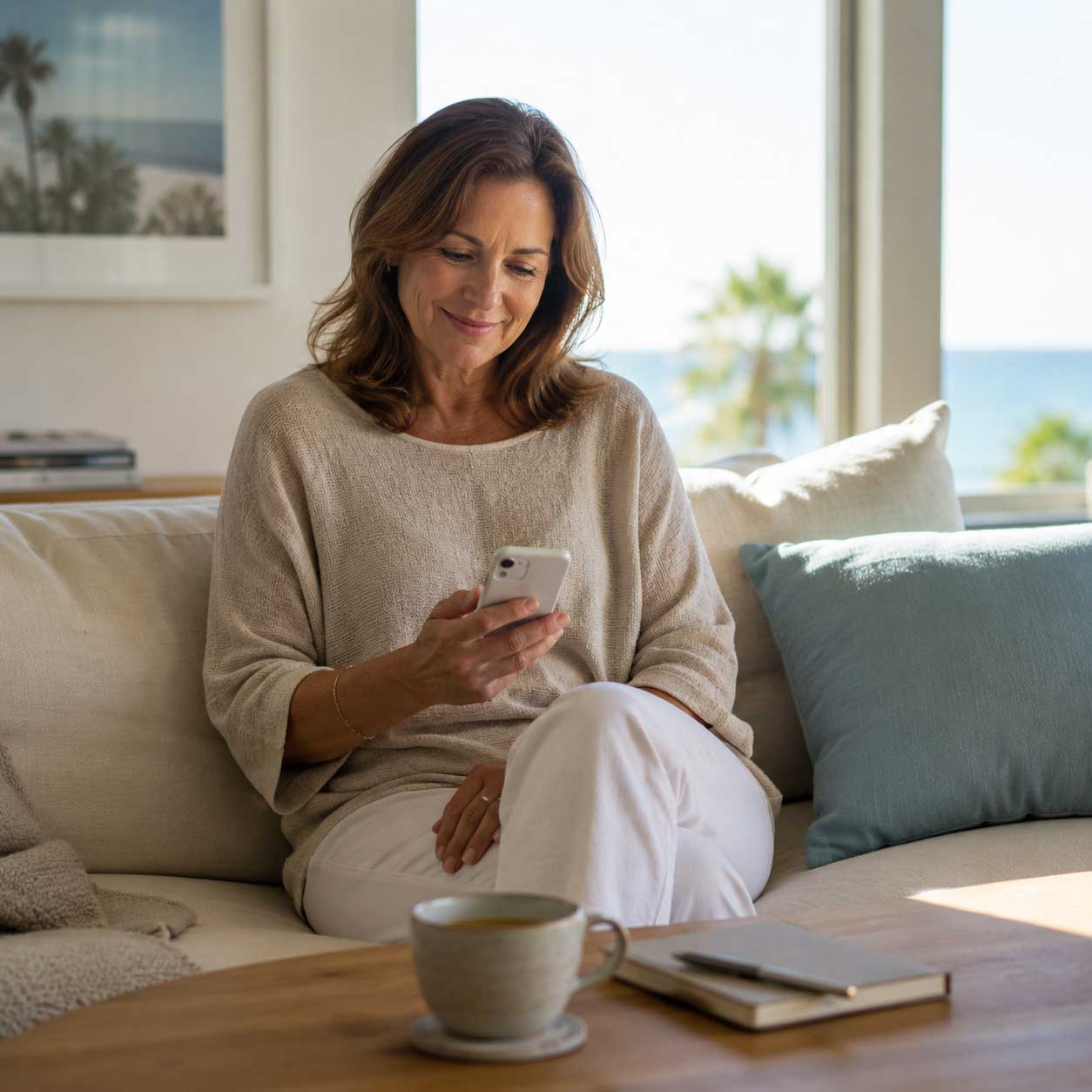 Woman reviewing retreat information on her phone during a personalized wellness consultation and planning process
