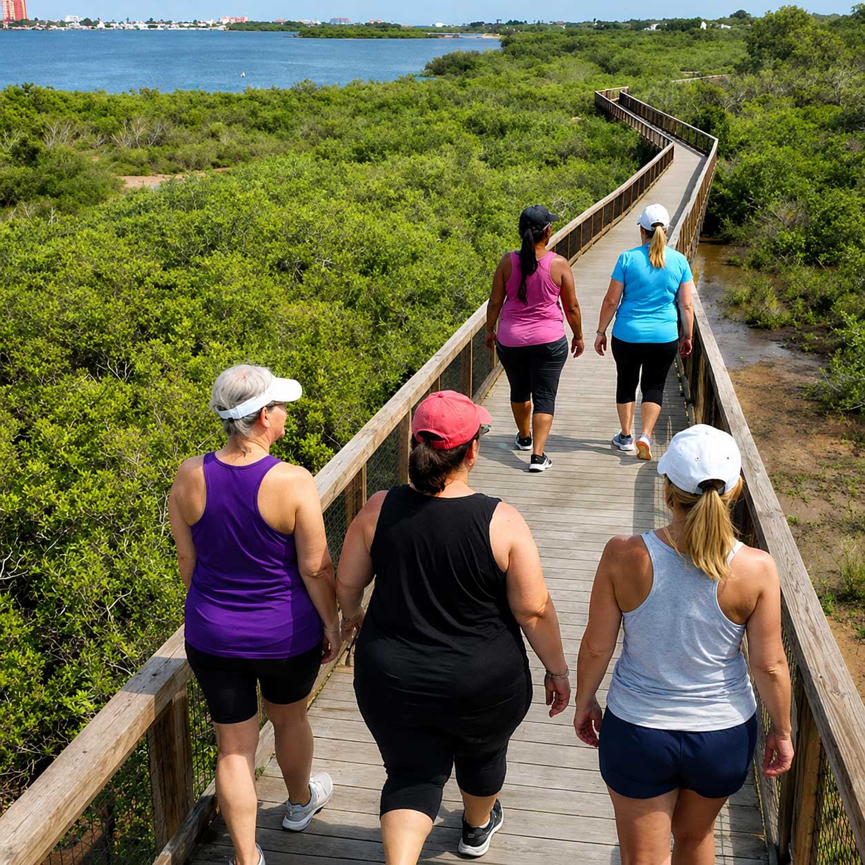 Women-only small group walking on a coastal boardwalk at Weight Crafters wellness residency Florida.