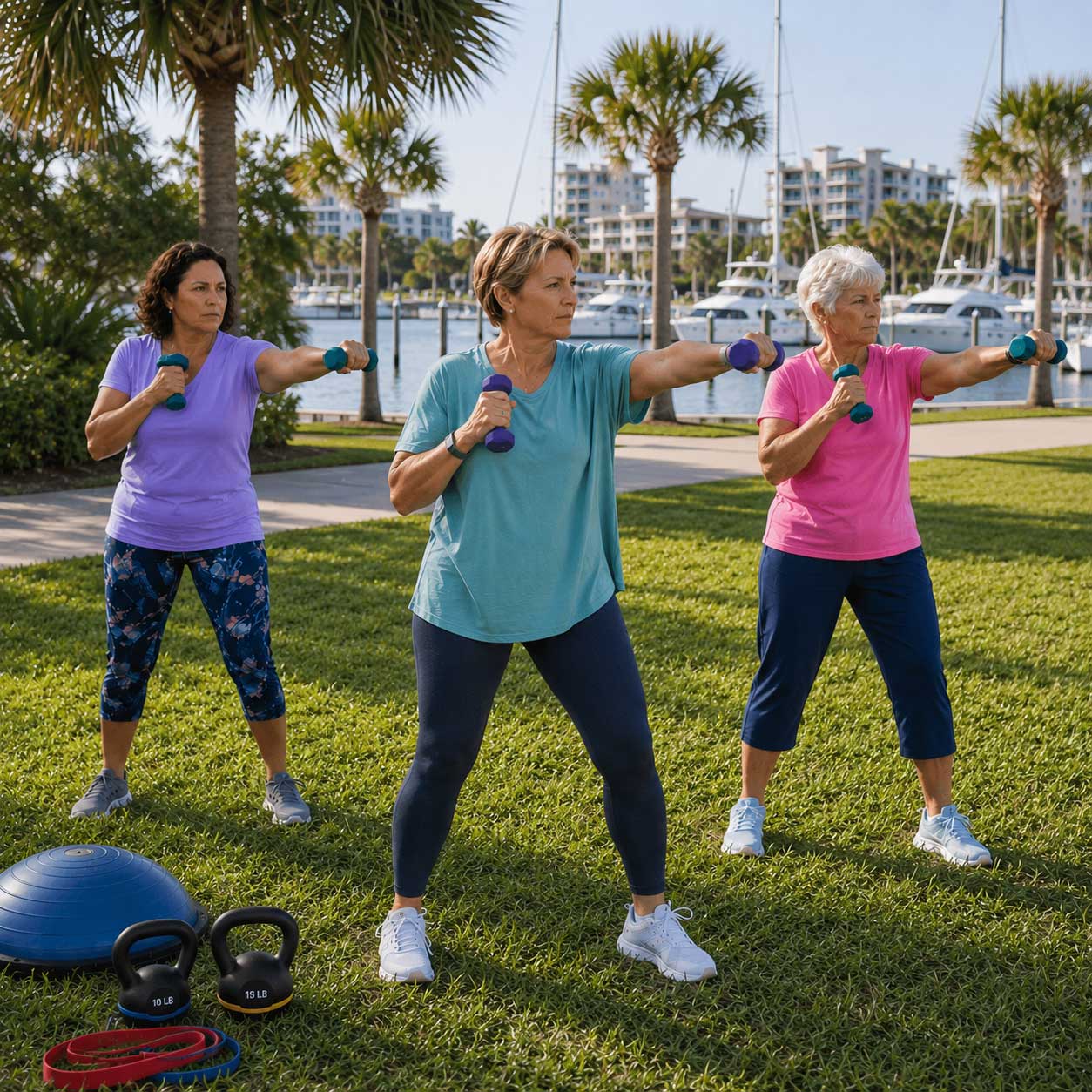 Three women performing low-impact dumbbell strength exercises during an outdoor women's weight loss camp fitness session near the marina in Madeira Beach