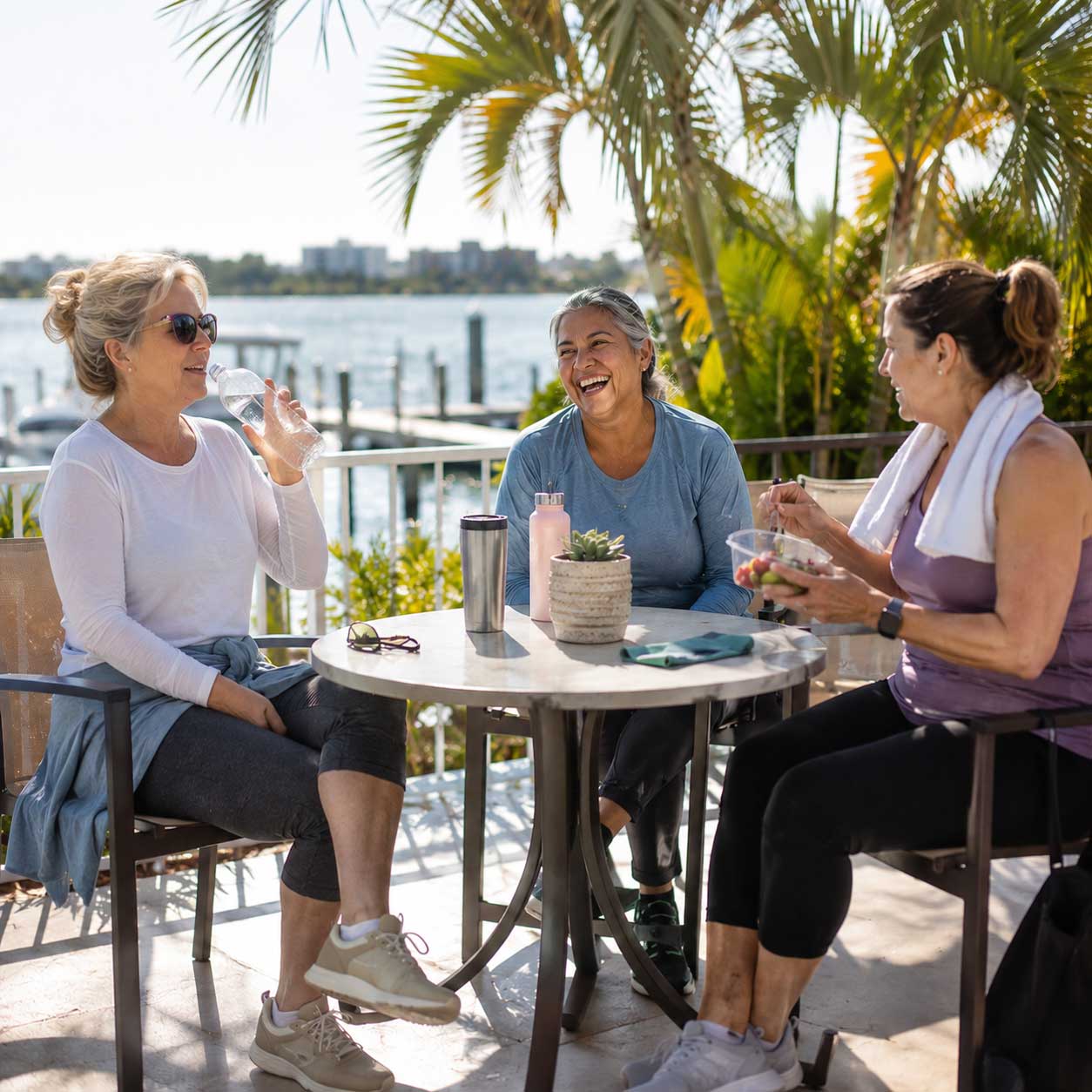 Women enjoying a healthy outdoor lunch during a structured women-only weight loss retreat on Florida's Gulf Coast