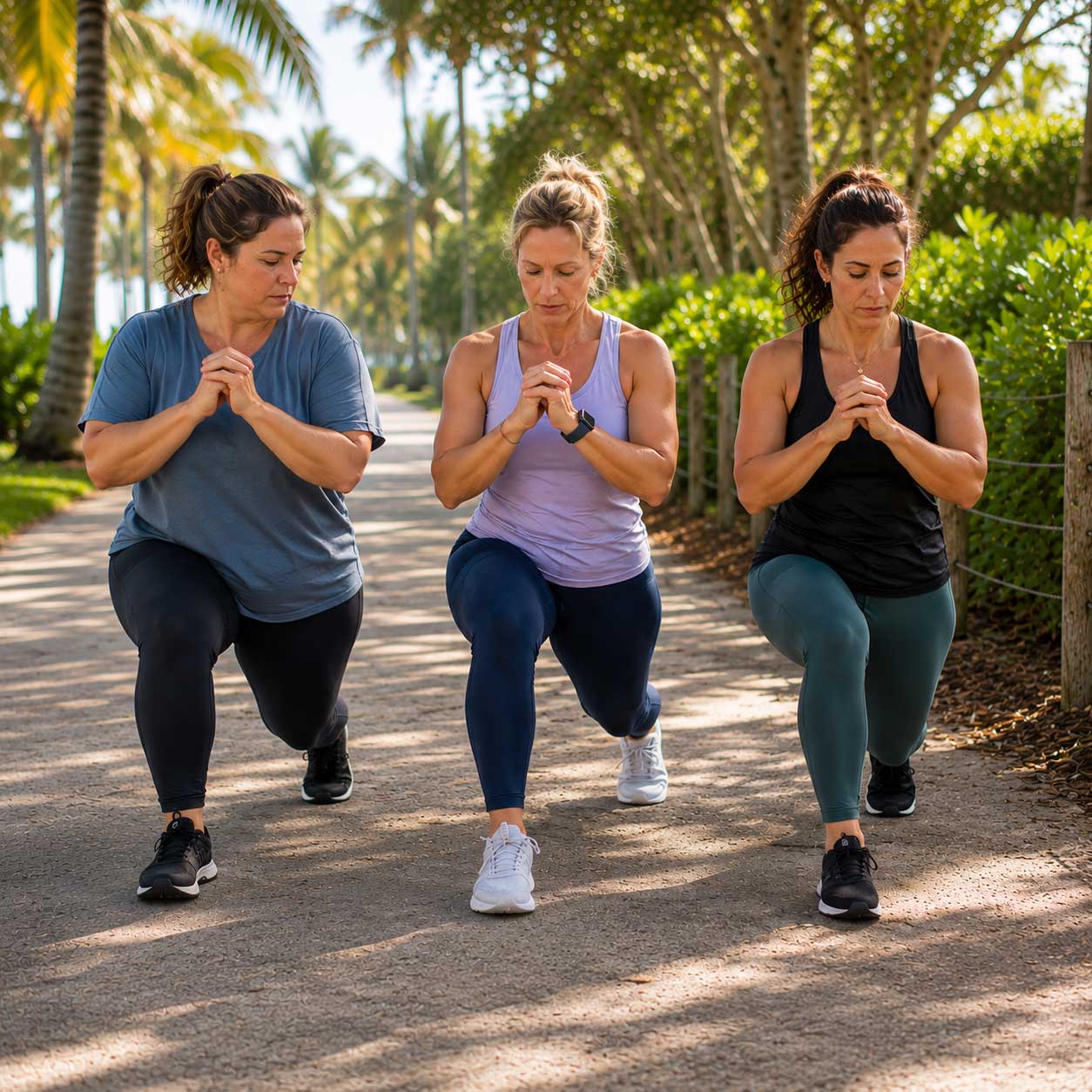 Three women performing guided low-impact lunges during a supportive adult fat farm fitness program