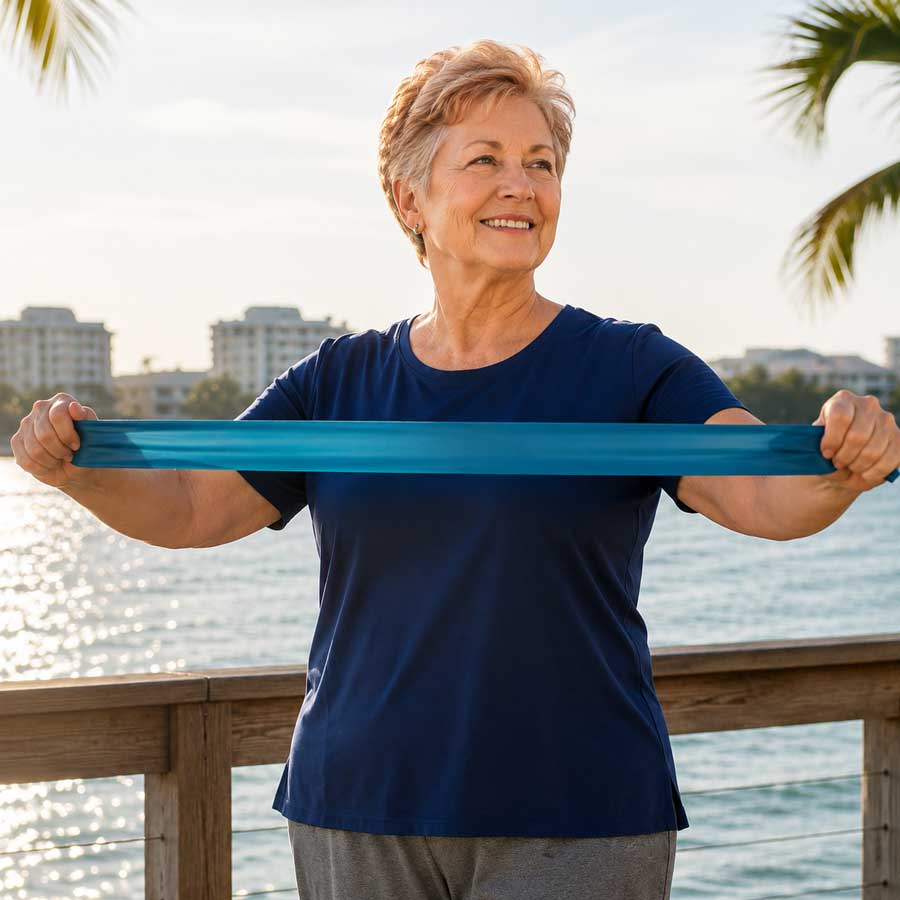 Woman over 50 practicing a gentle stretch during a low-impact wellness retreat fitness session