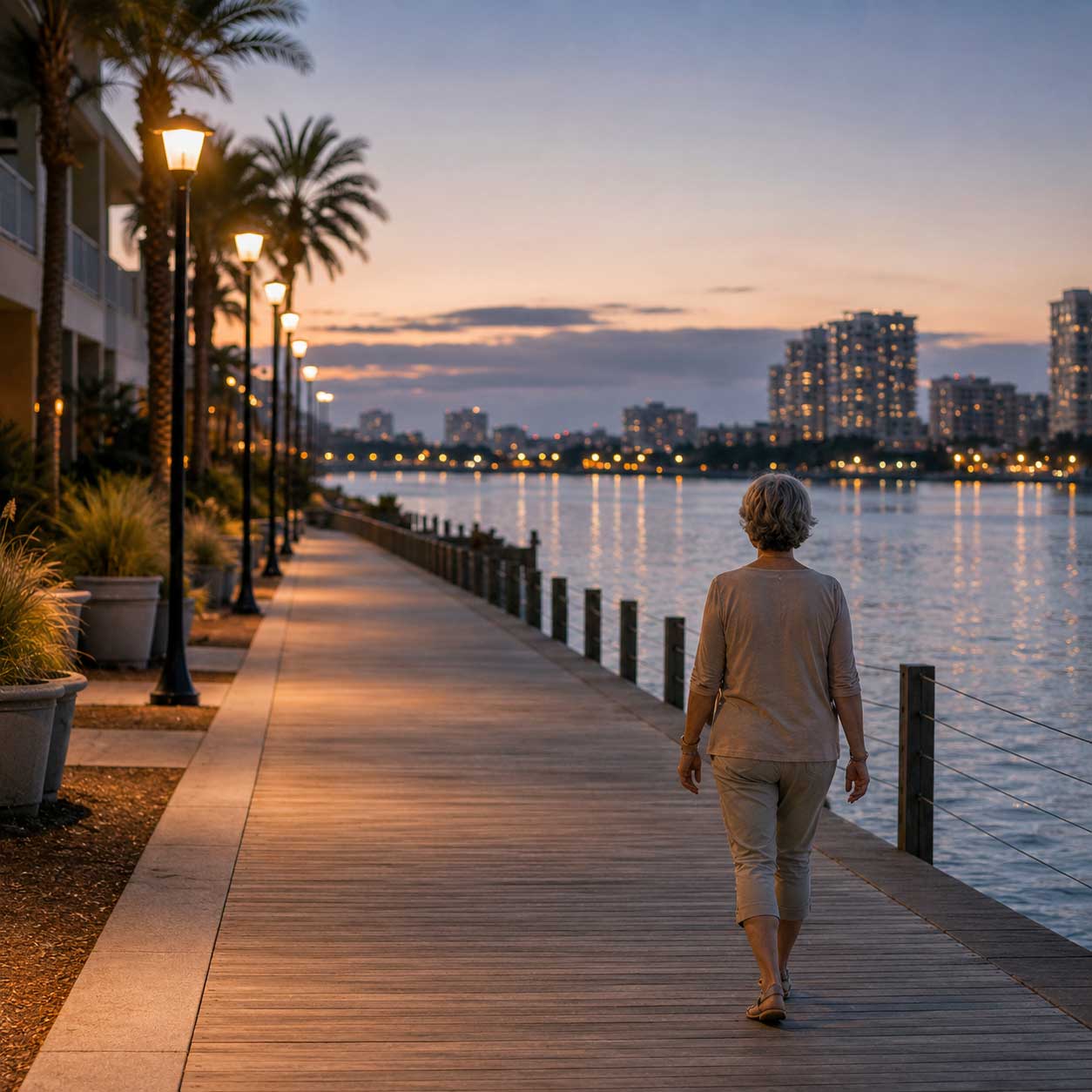 Woman enjoying a peaceful evening waterfront walk during a restorative wellness retreat in Madeira Beach Florida