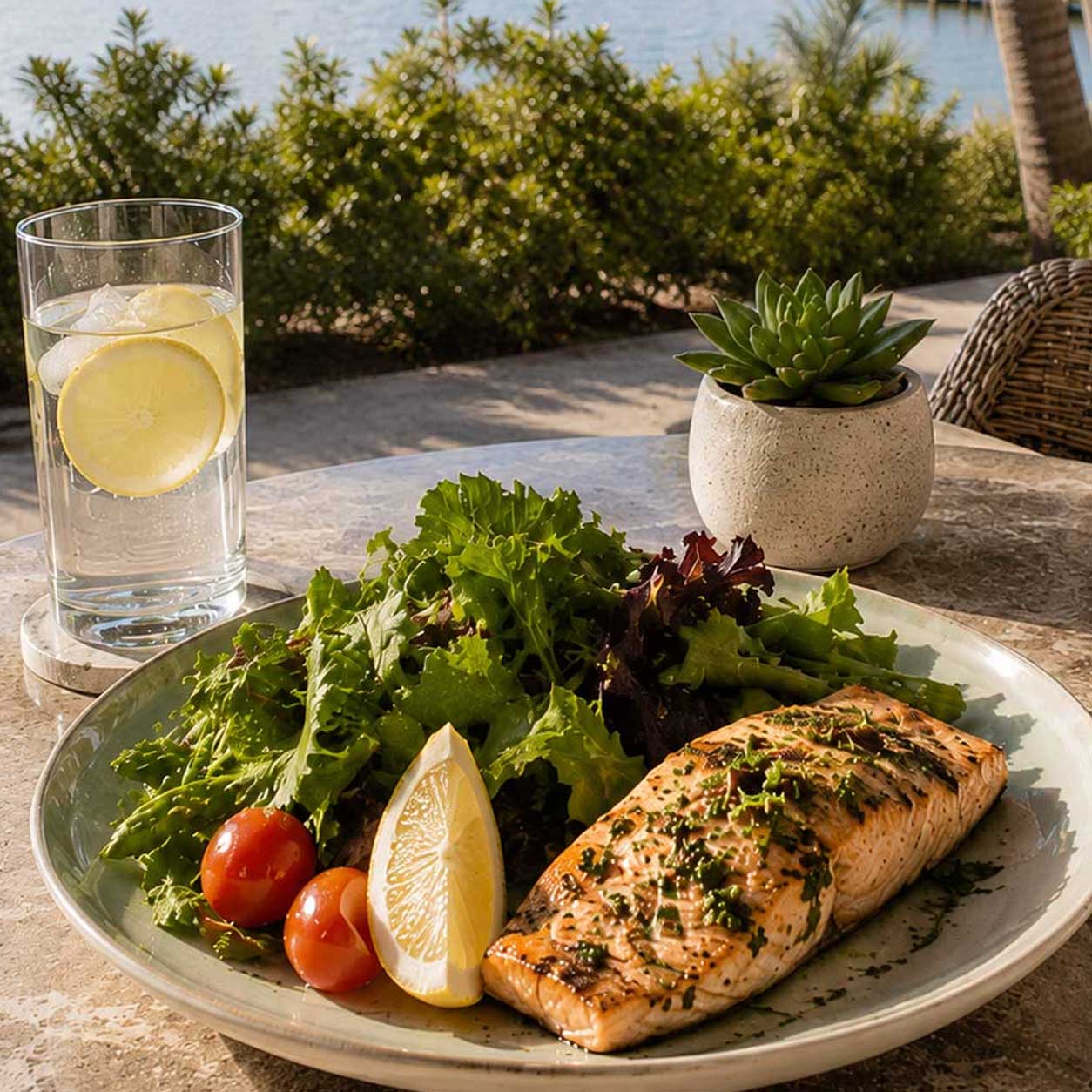 Healthy grilled salmon dinner with fresh vegetables served during a structured women-only fat camp meal program