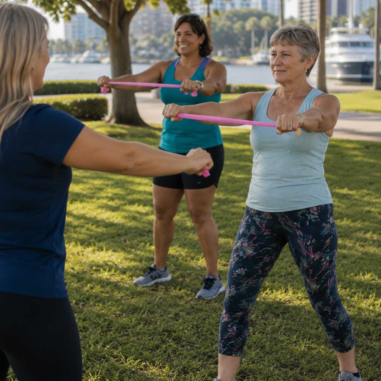 Women participating in a guided low-impact strength workout for St. Louis weight loss retreat guests.