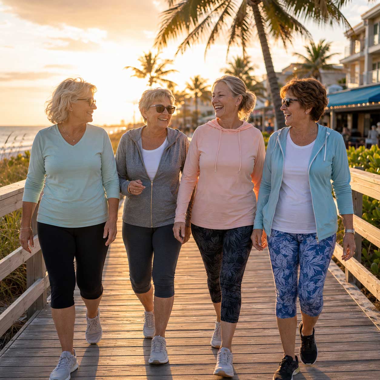 Women walking together along a coastal boardwalk during an immersive adult fat farm and wellness retreat experience