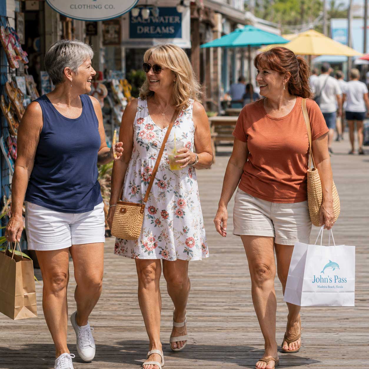 Retreat guests enjoying shopping and conversation during a local Madeira Beach outing near John's Pass Village.