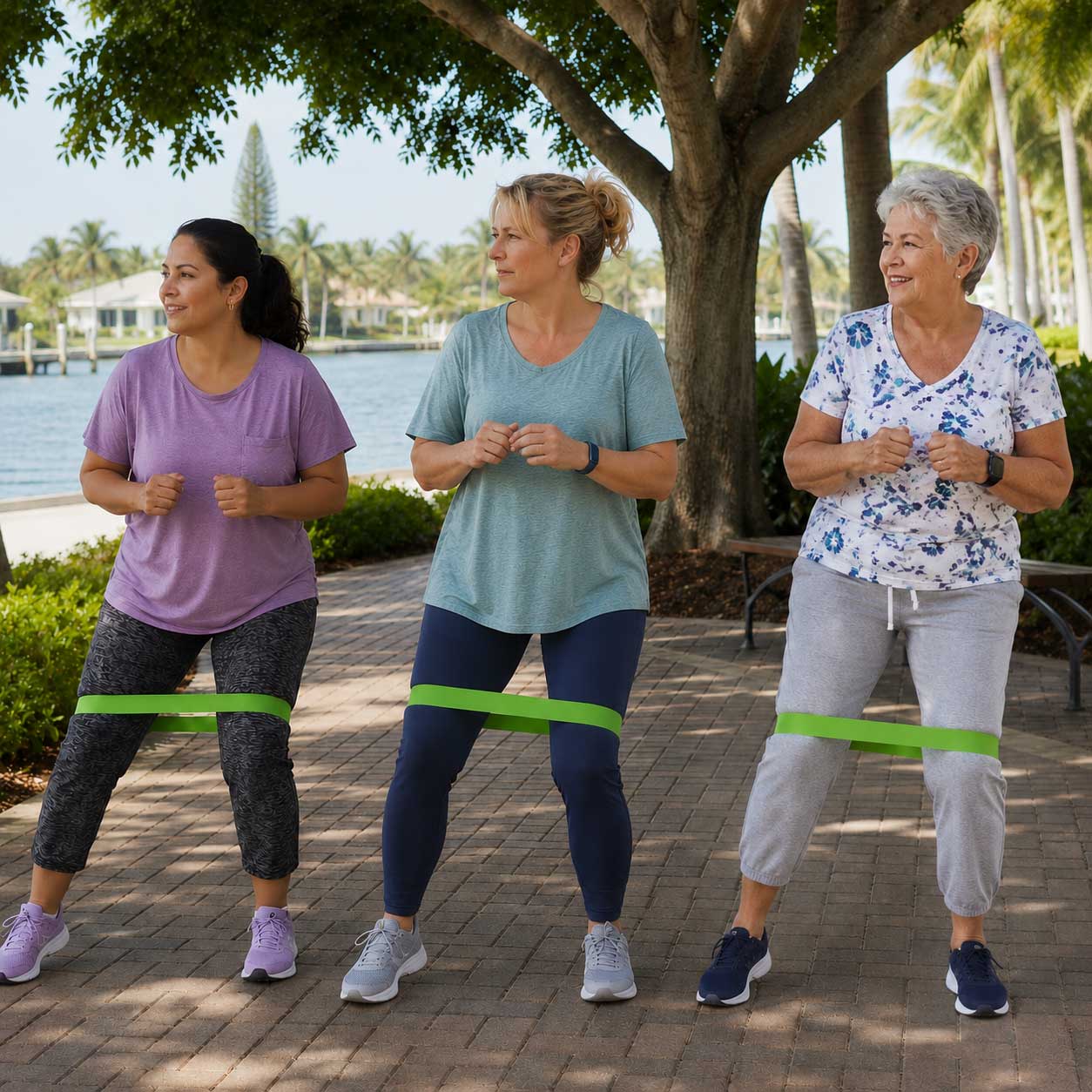 Three adult women performing low-impact resistance band exercises during an outdoor weight loss camp fitness session near the waterfront