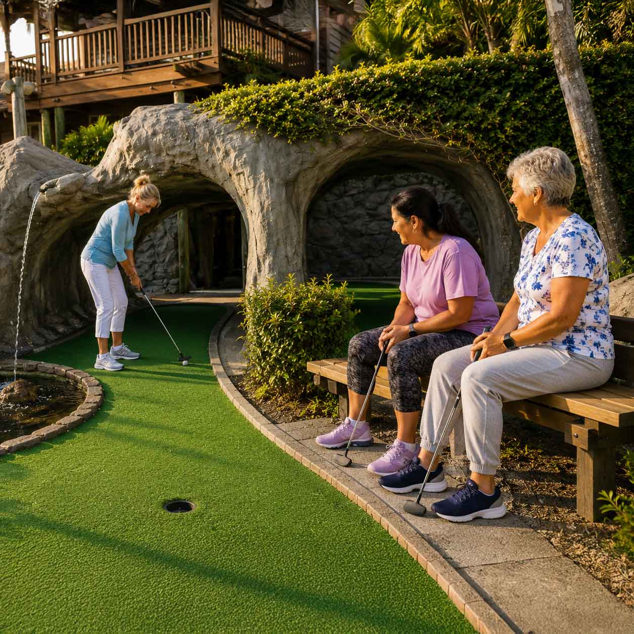 Mini golf and evening social activity during a women-only weight loss camp retreat in Madeira Beach
