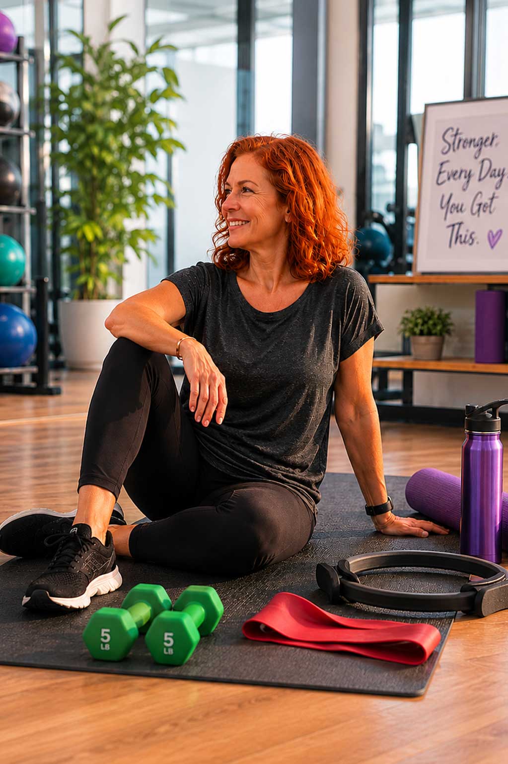 Woman resting after a low-impact strength training session with resistance bands and light dumbbells during a women-only weight loss retreat